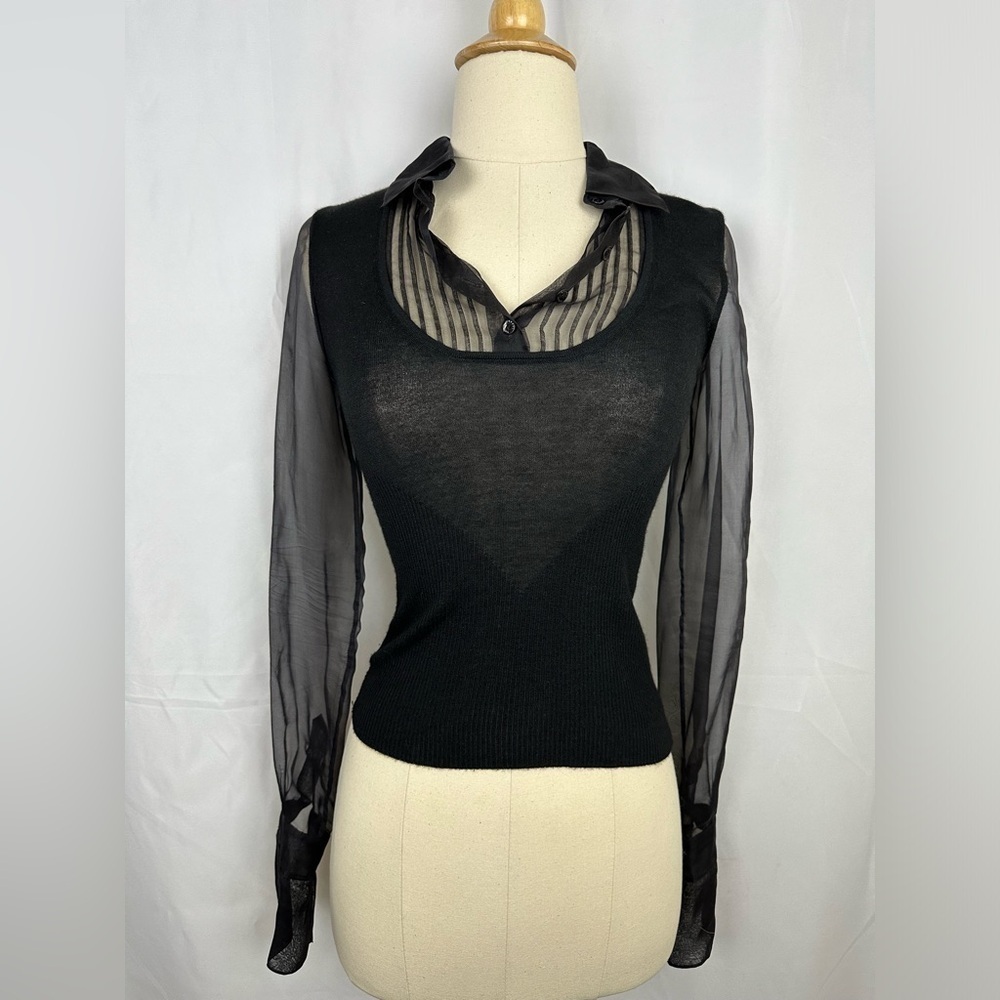 CHANEL Sheer Black Layered Knit Blouse